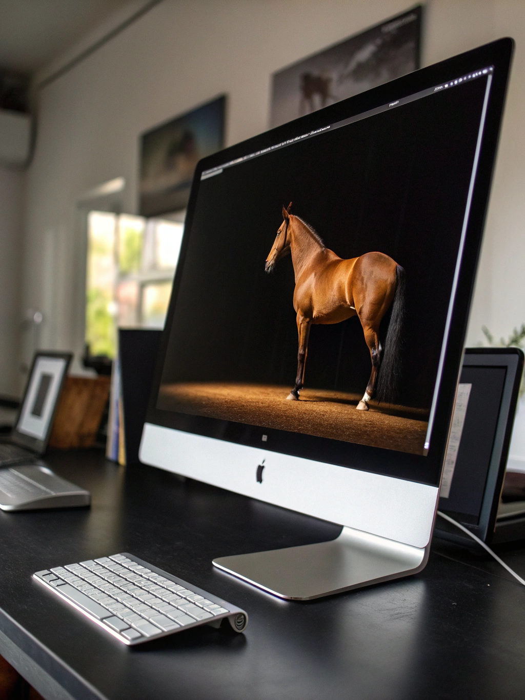 Apple computer monitor displaying a beautiful horse against a black background